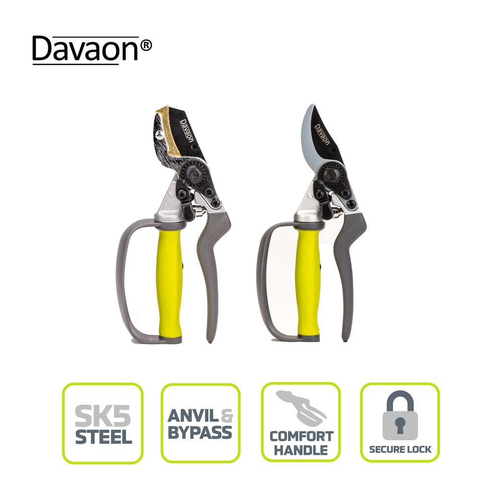 
                  
                    Davaon Pro Secateurs Set | Bypass & Anvil Pruners with Auto-Rotating Handles
                  
                